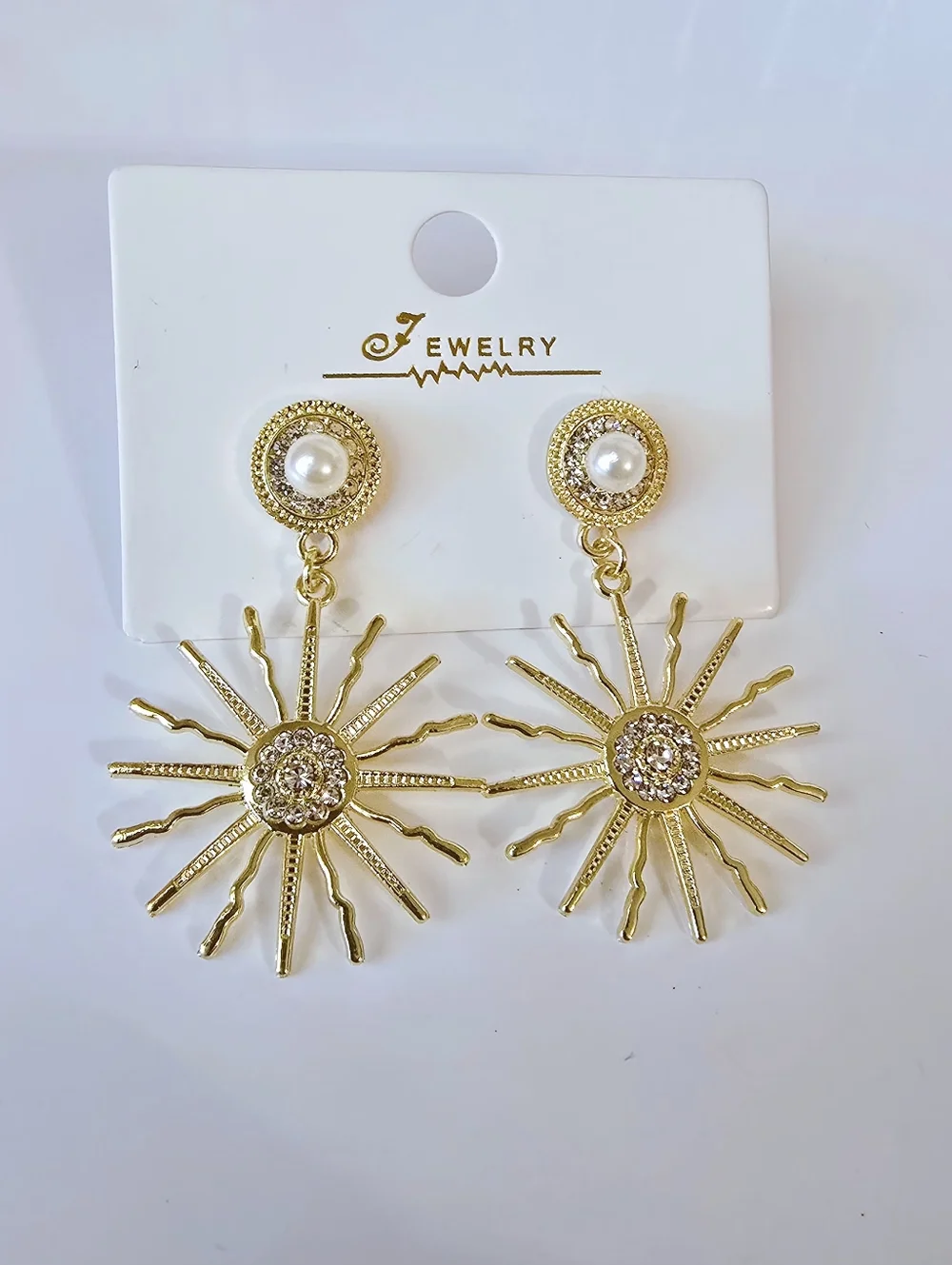 Gold-plated  Sunburst Pearl Drop‎ Earrings - S925 Needle